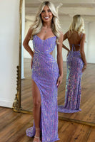 Load image into Gallery viewer, Sparkly Mermaid Spaghetti Straps Sequins Prom Dress with Slit