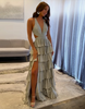Load image into Gallery viewer, Sparkly Fuchsia Beaded A Line Tiered Long Prom Dress with Slit