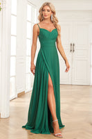 Load image into Gallery viewer, Spaghetti Straps Dark Green Long Prom Dress with Slit