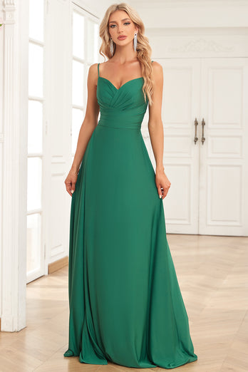 Spaghetti Straps Dark Green Long Prom Dress with Slit