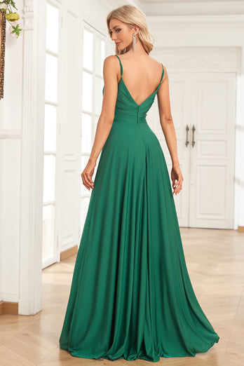 Spaghetti Straps Dark Green Long Prom Dress with Slit