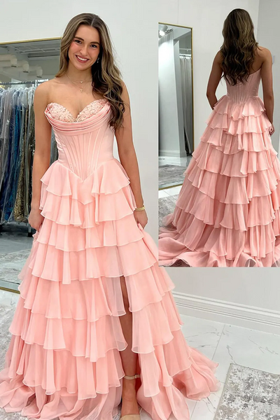 A Line Light Pink Strapless Tiered Corset Chiffon Long Prom Dress
