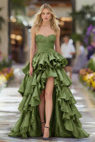 Load image into Gallery viewer, Dark Blue Ruffled Strapless High Low Prom Dress