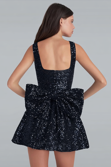 Sparkly Black Square Neck A Line Short Prom Dress with Bow