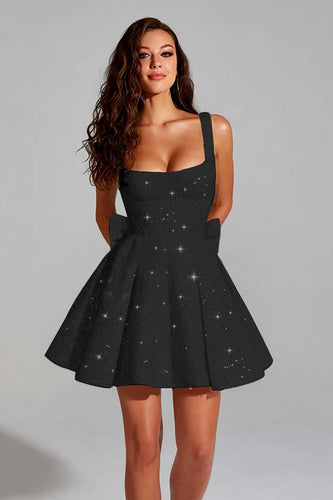 Sparkly Black Square Neck A Line Short Prom Dress with Bow