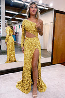 Load image into Gallery viewer, Sheath One Shoulder Red Sequins Long Prom Dress with Silt