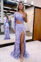 Load image into Gallery viewer, Sheath One Shoulder Navy Sequins Long Prom Dress with Silt