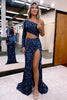 Load image into Gallery viewer, Sheath One Shoulder Navy Sequins Long Prom Dress with Silt