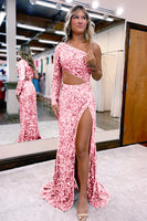 Load image into Gallery viewer, Sheath One Shoulder Dark Green Sequins Long Prom Dress with Silt