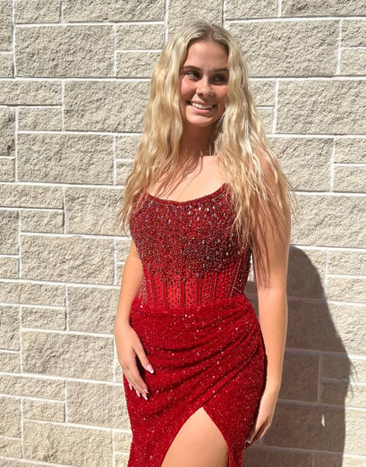 Sparkly Blue Mermaid Strapless Long Prom Dress with Slit