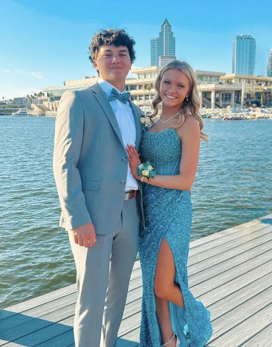 Load image into Gallery viewer, Sparkly Blue Mermaid Strapless Long Prom Dress with Slit