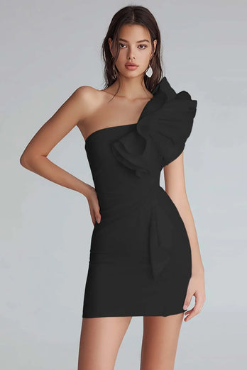 Ivory Satin One Shoulder Tight Short Bachelorette Party Dress with Ruffles