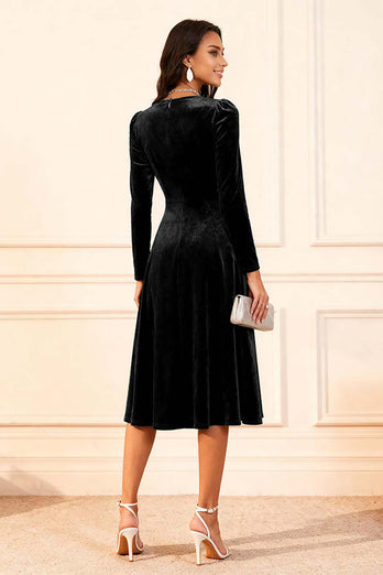 Dark Green Velvet A Line Midi Glitter Holiday Party Dress with Sleeves