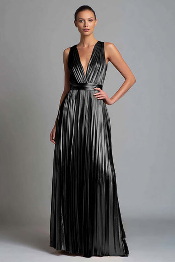 Sparkly Gold Metallic A-Line V-Neck Pleated Long Formal Dress