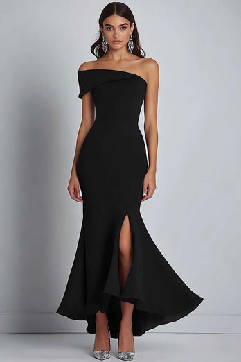 Navy Satin Off the Shoulder Sheath Long Formal Dress with Slit