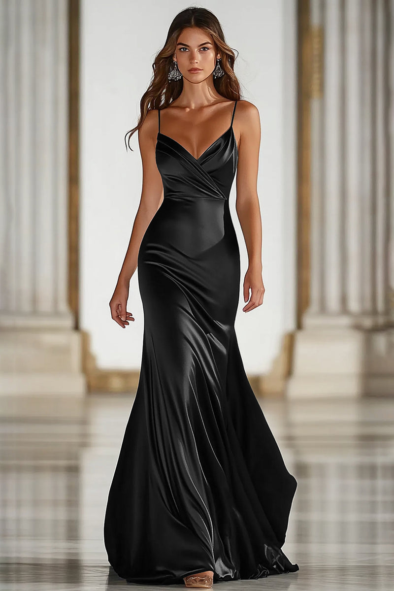 Load image into Gallery viewer, Dark Green Stretch Satin Spaghetti Straps Long Formal Dress
