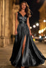Load image into Gallery viewer, Sparkly Gold Metallic A-Line Ruched V-Neck Long Formal Dress with Slit