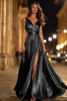 Load image into Gallery viewer, Sparkly Gold Metallic A-Line Ruched V-Neck Long Formal Dress with Slit