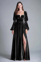 Load image into Gallery viewer, Burgundy A-Line Puff Sleeves Velvet Long Holiday Party Dress with Slit