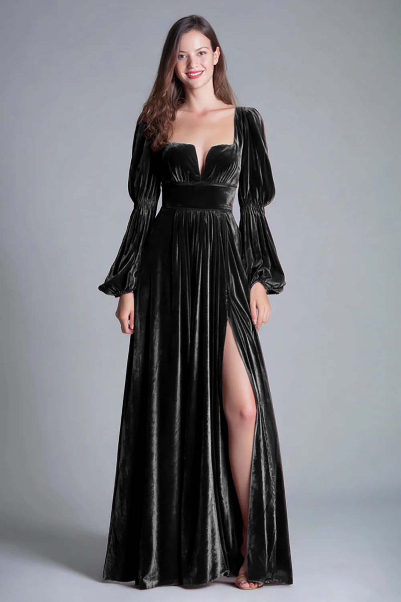 Load image into Gallery viewer, Burgundy A-Line Puff Sleeves Velvet Long Holiday Party Dress with Slit