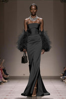 Load image into Gallery viewer, Silver Satin Mermaid Strapless Long Formal Dress with Slit