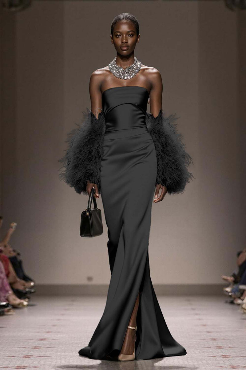 Load image into Gallery viewer, Silver Satin Mermaid Strapless Long Formal Dress with Slit