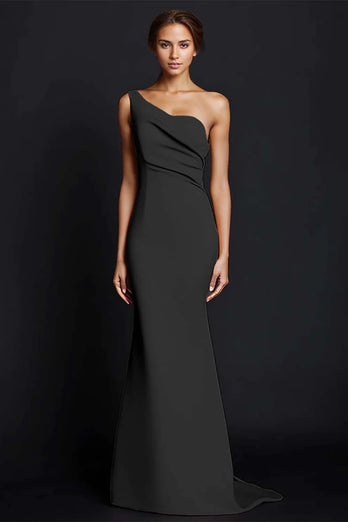 Elegant Khaki Ruched One Shouder Satin Long Formal Dress