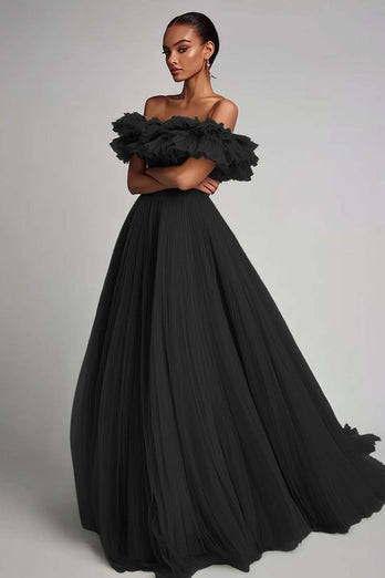 Dusty Sage Tulle A Line Long Formal Dress with Ruffles