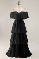 Load image into Gallery viewer, White Chiffon Off the Shoulder Tiered Boho Sweep Train Wedding Dress