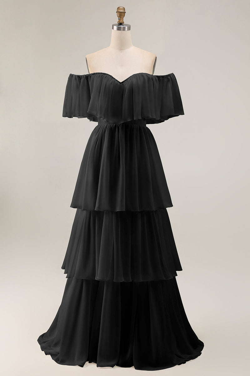 Load image into Gallery viewer, White Chiffon Off the Shoulder Tiered Boho Sweep Train Wedding Dress