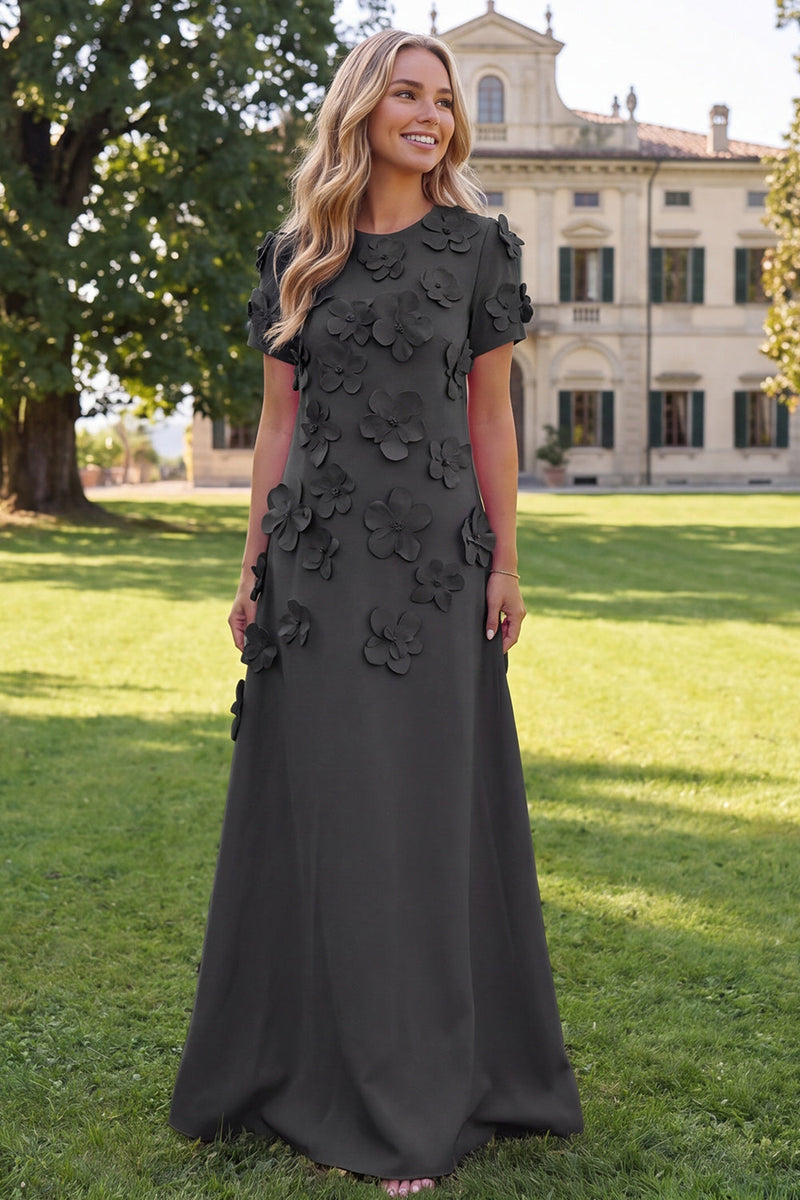 Load image into Gallery viewer, Round Neck Blue Floral A Line Long Formal Dress with Sleeves