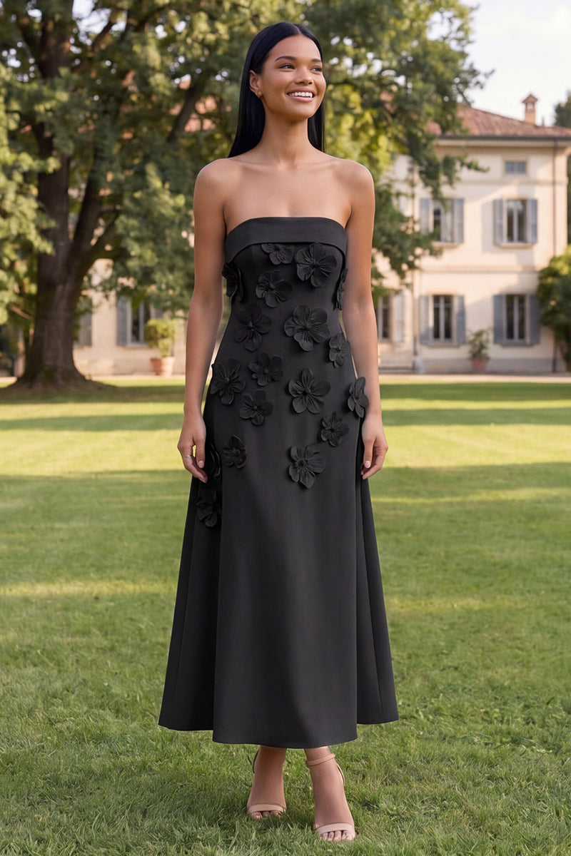 Load image into Gallery viewer, Blue A Line Floral Strapless Maxi Formal Dress