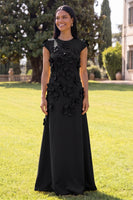 Load image into Gallery viewer, Black Floral A Line Round Neck Long Formal Dress with Sleeves