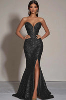 Load image into Gallery viewer, Women Sparkly Black Sequins Formal Dress with Slit Strapless Mermaid Sweetheart Long Party Dress