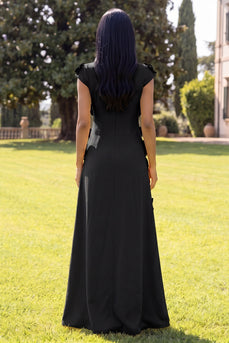 Black Floral A Line Round Neck Long Formal Dress with Sleeves