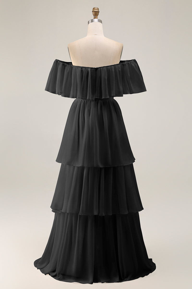 Load image into Gallery viewer, White Chiffon Off the Shoulder Tiered Boho Sweep Train Wedding Dress