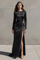 Load image into Gallery viewer, Olive Boat Neck Mermaid Long Sleeves Satin Evening Dress with Slit