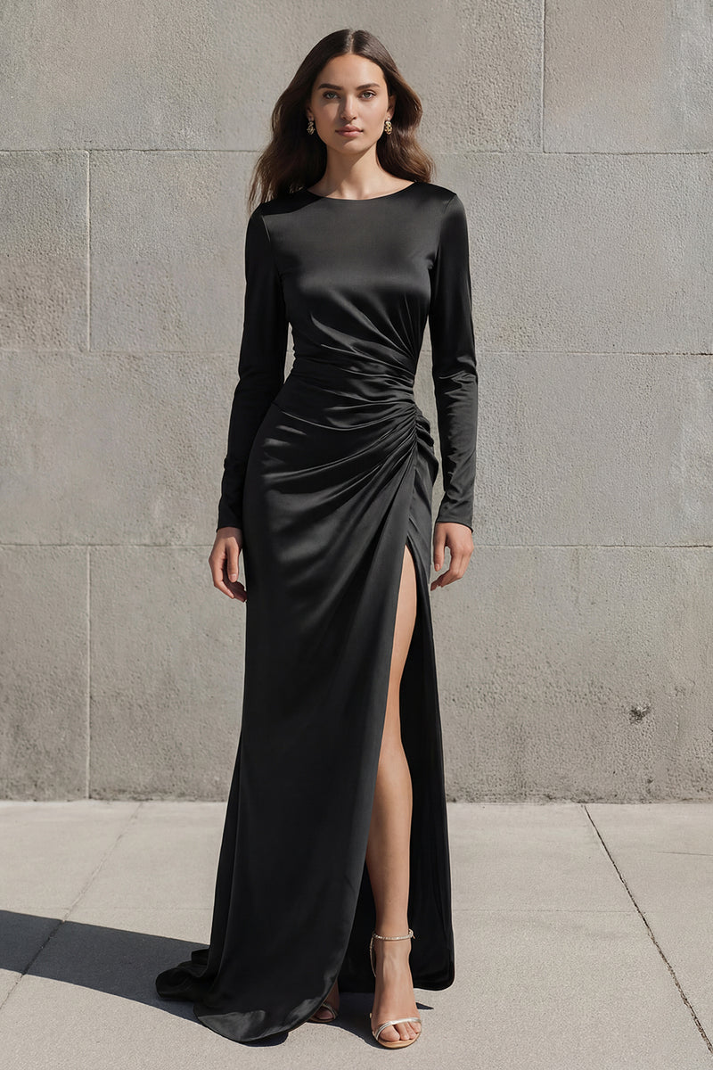 Load image into Gallery viewer, Olive Boat Neck Mermaid Long Sleeves Satin Evening Dress with Slit