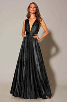 Load image into Gallery viewer, Sparkly Gold Metallic A-Line Pleated V-Neck Long Formal Dress