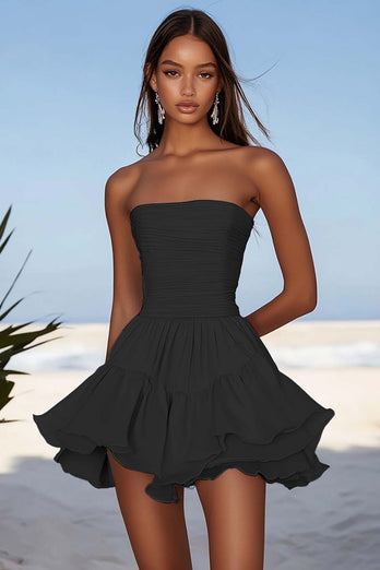 Yellow Chiffon Ruched Mini Party Dress with Ruffles