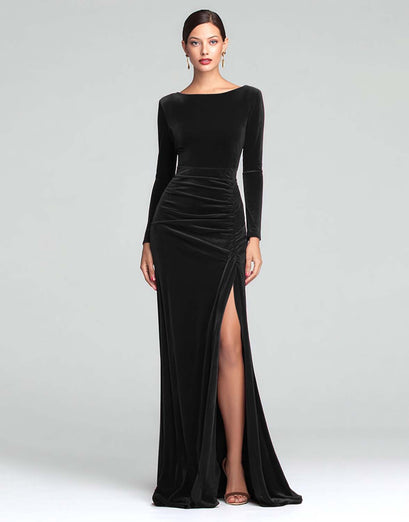 Burgundy Boat Neck Ruched Velvet Long Sleeves Holiday Party Dress