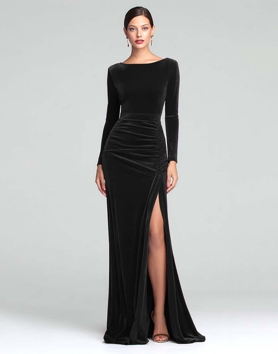 Load image into Gallery viewer, Burgundy Boat Neck Ruched Velvet Long Sleeves Holiday Party Dress
