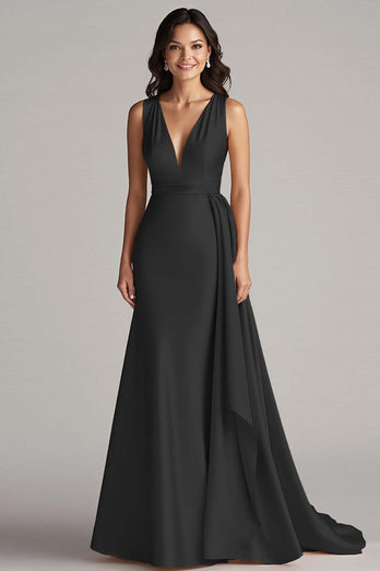Champagne V-Neck Mermaid Satin Maxi Formal Dress