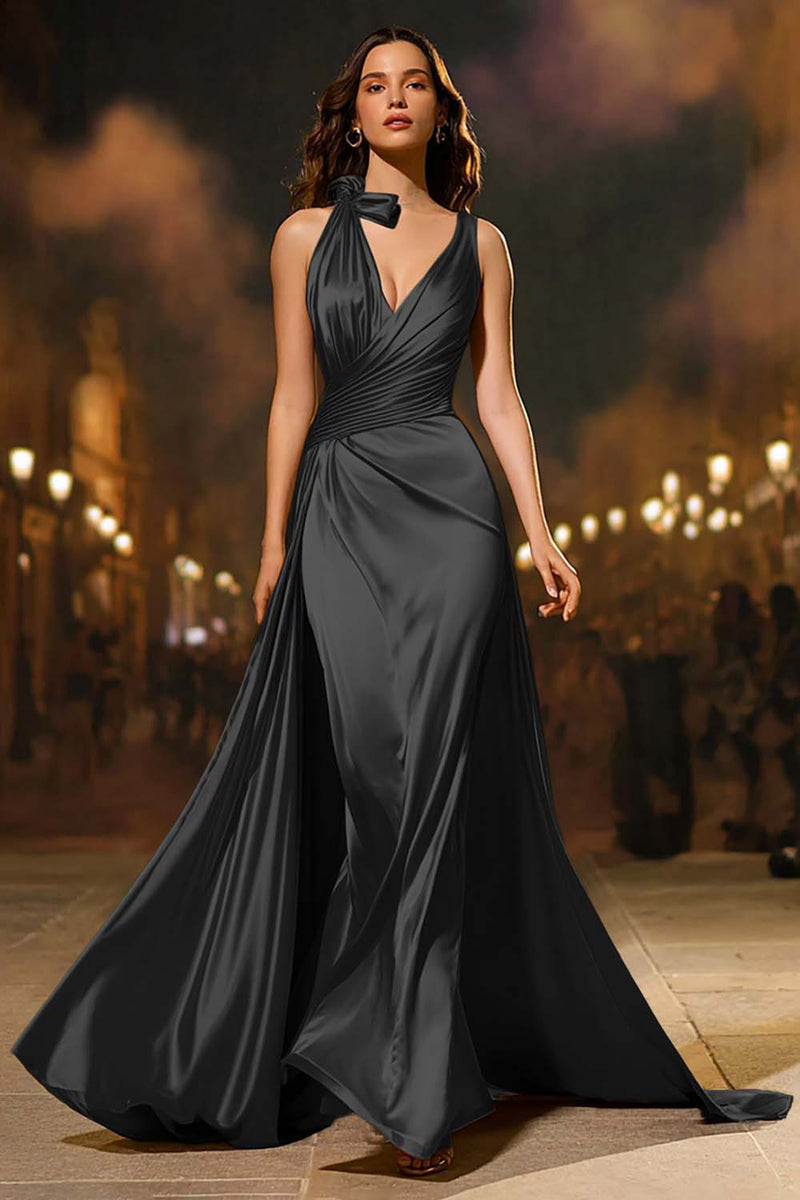Load image into Gallery viewer, Gold Mermaid V-Neck Satin Long Formal Dress with Cape