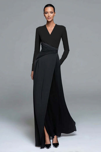 Black and White Patchwork Long Sleeves V-Neck Formal Dress with Pockets