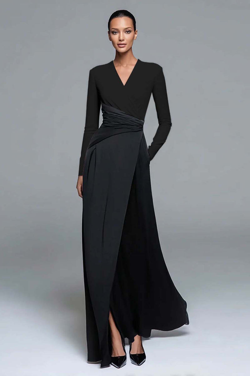 Load image into Gallery viewer, Black and White Patchwork Long Sleeves V-Neck Formal Dress with Pockets