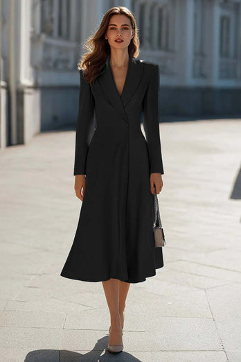 Sky Blue Satin Shawl Lapel A Line Midi Blazer Dress with Sleeves