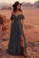Load image into Gallery viewer, Ivory A Line Off the Shoulder Maxi Beach Wedding Dress with Ruffles