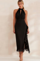 Load image into Gallery viewer, Navy Chiffon Ruffled Halter Ankle Length Work Dress with Slit