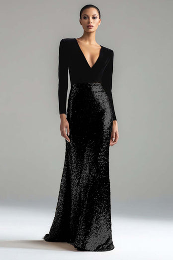 Sparkly Gold and Black V-Neck Velvet Maxi Holiday Party Dress with Sleeves